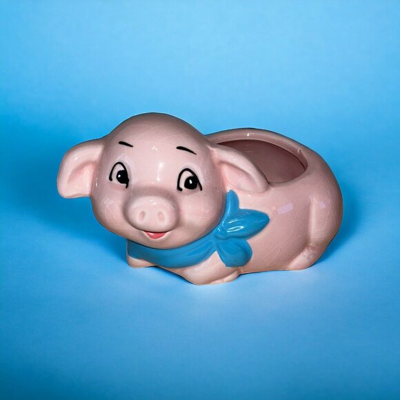 Pink Whimsical Happy Farmhouse Anthropomorphic Smiling Baby Pig Vintage Planter - Picture 2 of 7